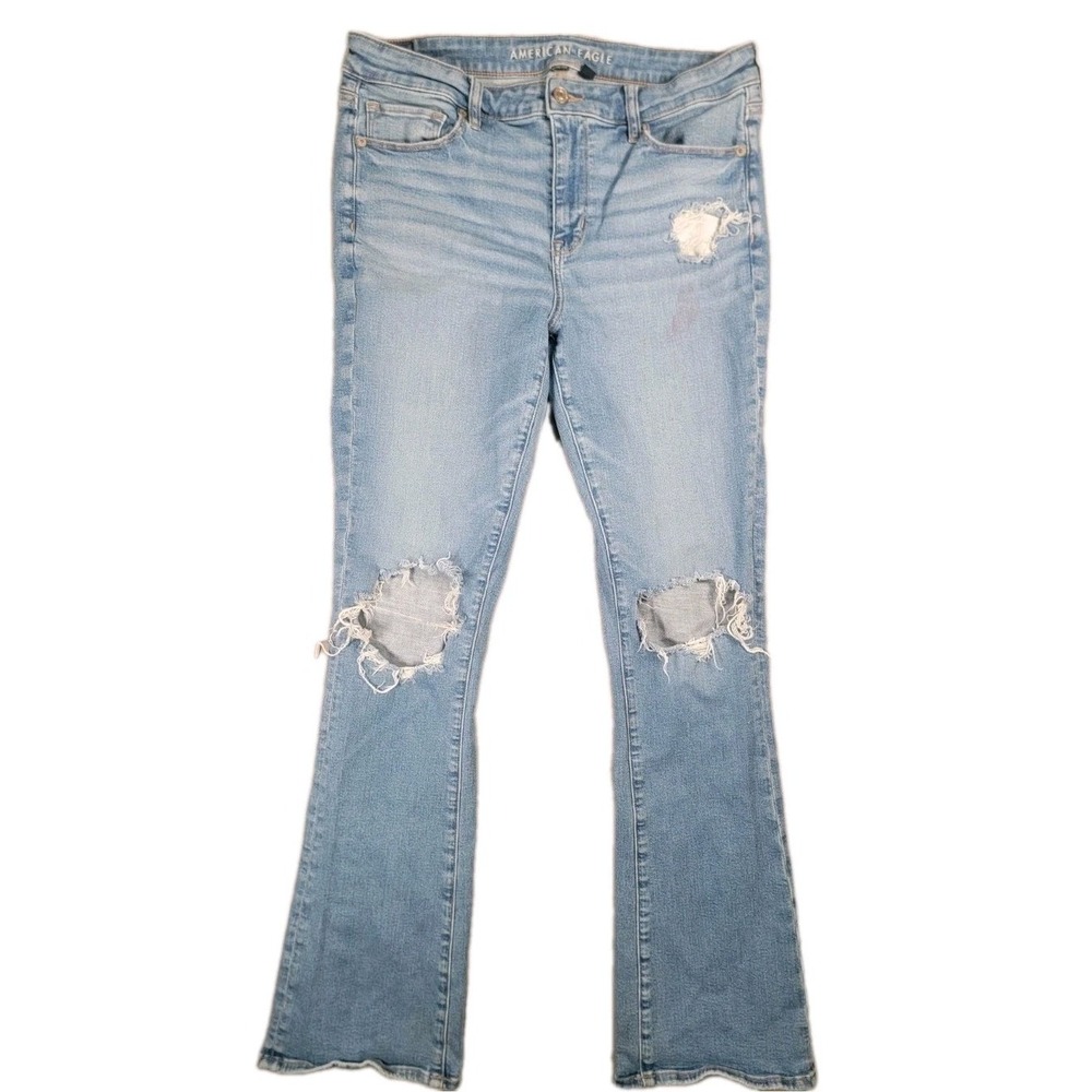 American Eagle Jeans Womens 14 Long Blue High Rise Skinny Kick Distressed Flare